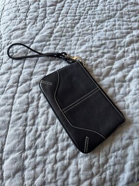 Coach Black Leather Wristlet Clutch with Contrast Stitching
